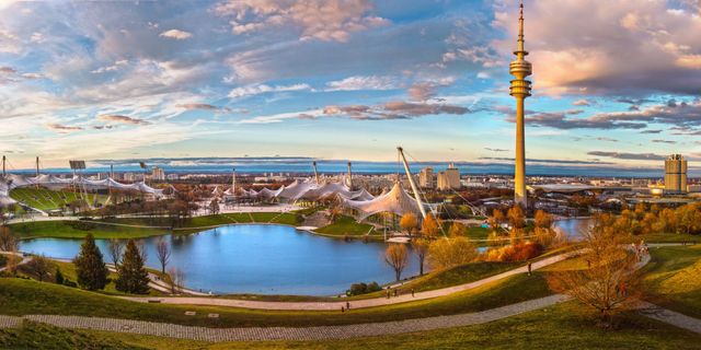 Munich olympic park during sunset 