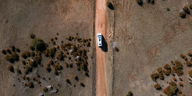 Driving CamperBoys van photographed from above.