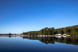 Camping am Woblitzsee -Spiegelglatter See, Uferbewaldung und Anlegestelle