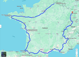 Unsere Route für deine Frankreich Rundreise auf Google Maps dargestellt.